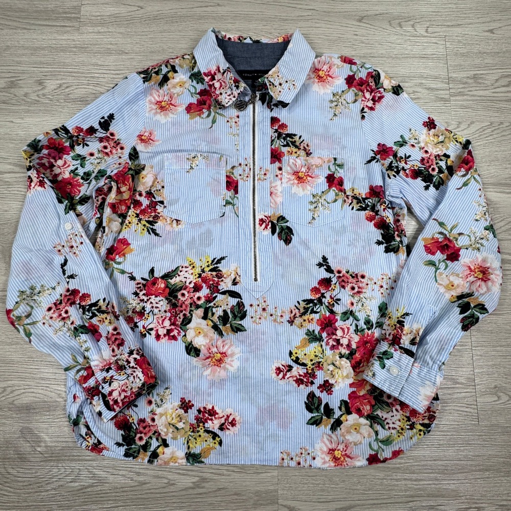 Tommy Hilfiger Women's Blouse Floral Pinstripe Half Zip Cotton Shirt Blue Small